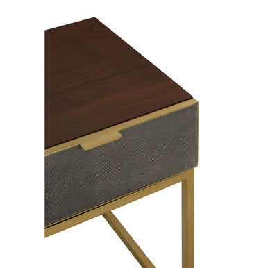 Dark Brown Shagreen Top Console Table with One Storage Drawers and Gold Finish Iron Frame, Kempton