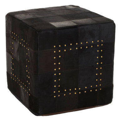 Bosie Safira Black Hair on Leather Patchwork Pouffe with Stud Detail