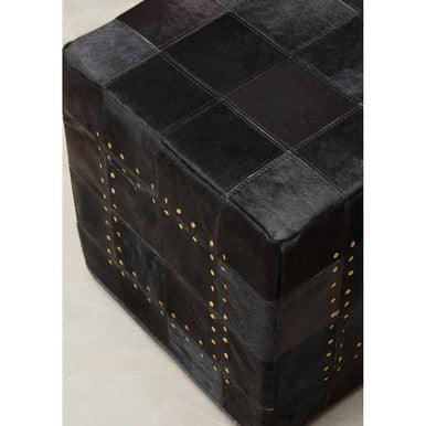 Bosie Safira Black Hair on Leather Patchwork Pouffe with Stud Detail