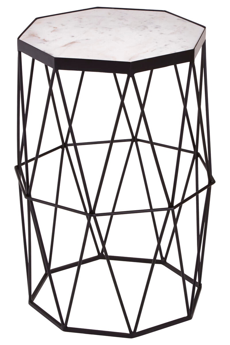 White Marble Top Octagonal Side Table with Black Finish Metal Base, Shalimar