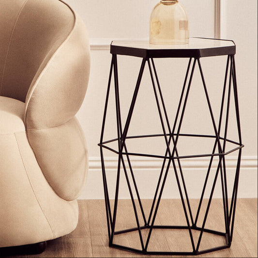 White Marble Top Octagonal Side Table with Black Finish Metal Base, Shalimar