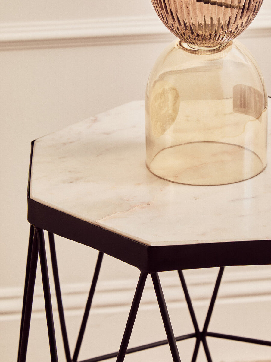 White Marble Top Octagonal Side Table with Black Finish Metal Base, Shalimar