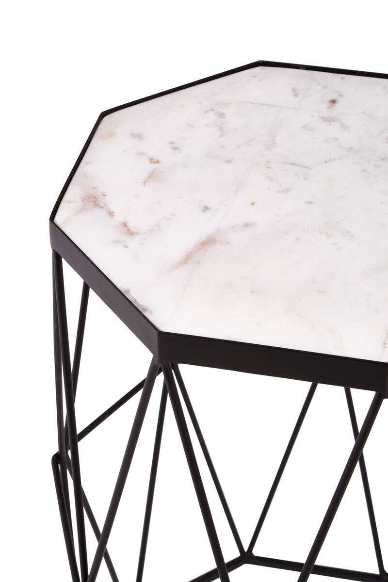 White Marble Top Octagonal Side Table with Black Finish Metal Base, Shalimar