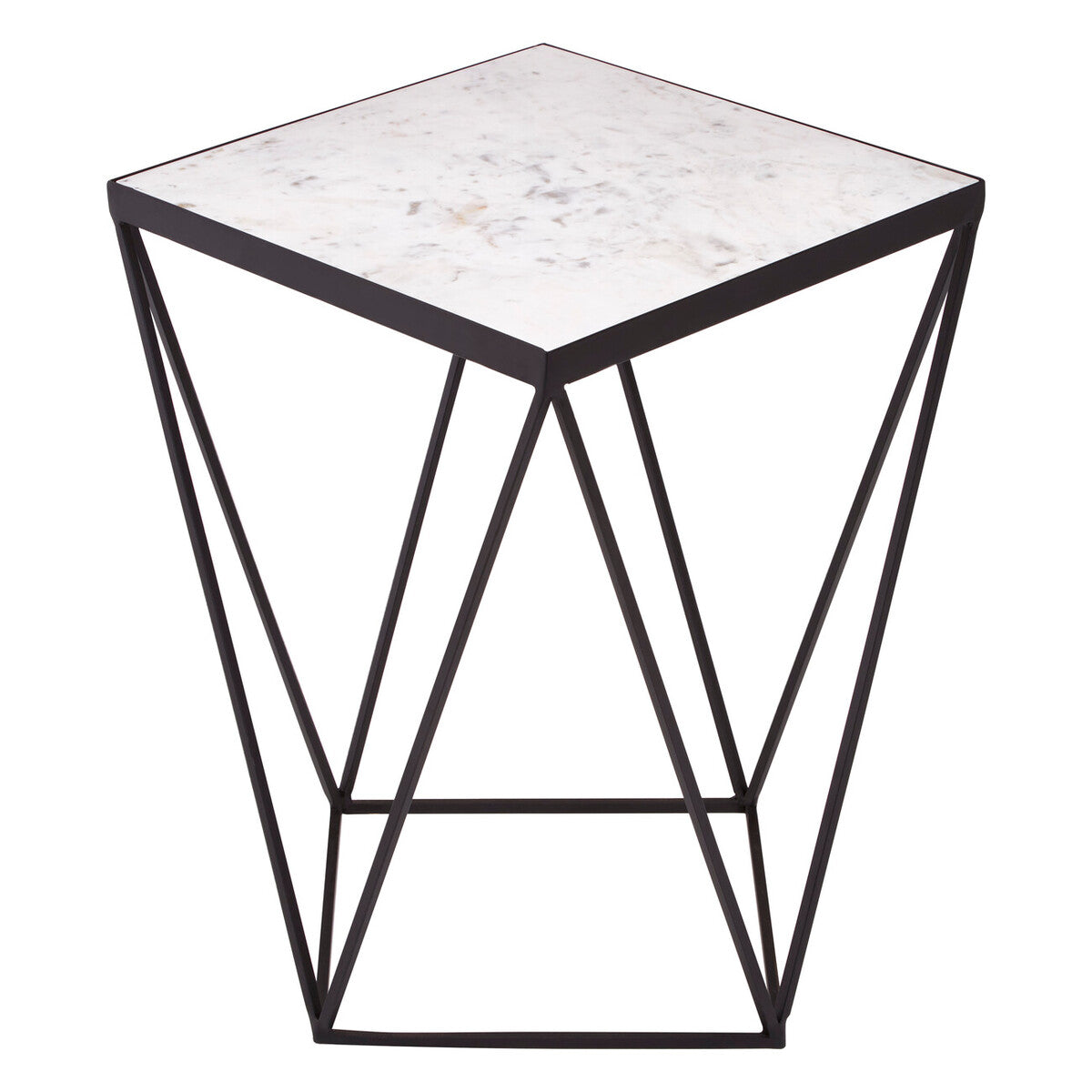 White Marble Top Square Side Table with Black Finish Metal Base, Shalimar