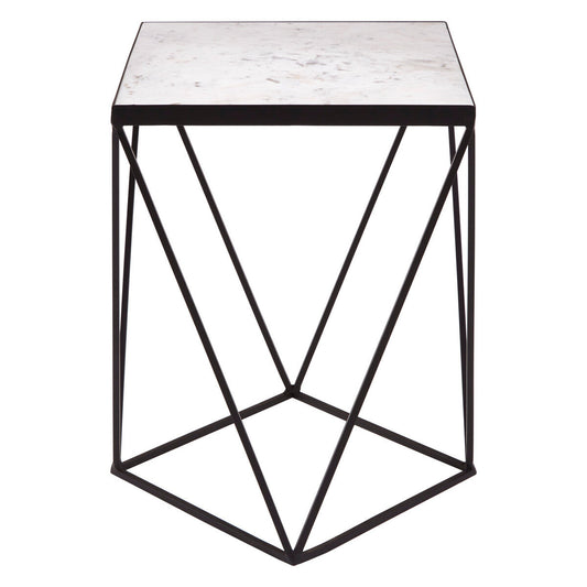White Marble Top Square Side Table with Black Finish Metal Base, Shalimar
