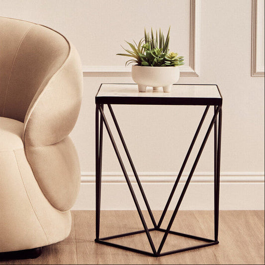 White Marble Top Square Side Table with Black Finish Metal Base, Shalimar