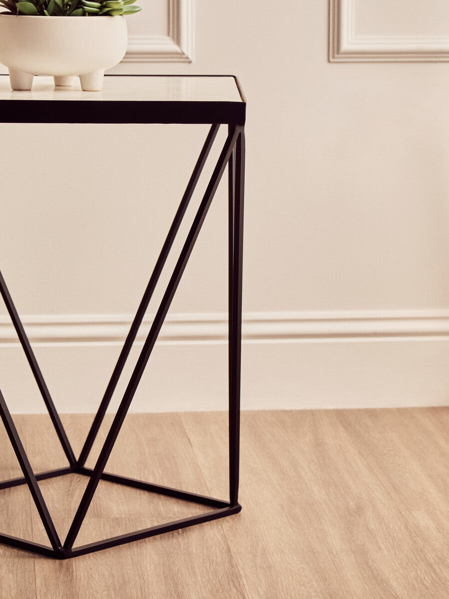 White Marble Top Square Side Table with Black Finish Metal Base, Shalimar
