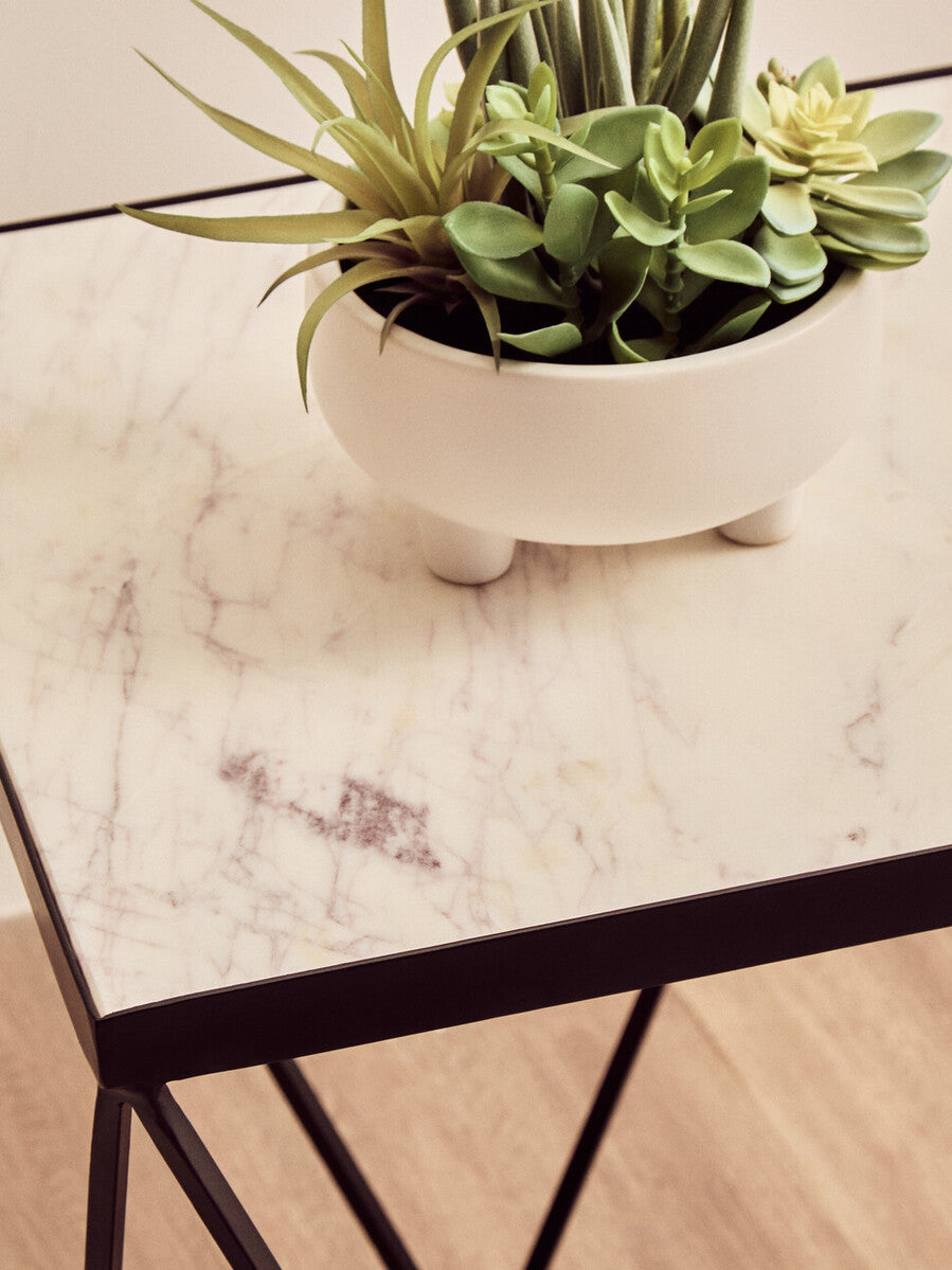 White Marble Top Square Side Table with Black Finish Metal Base, Shalimar