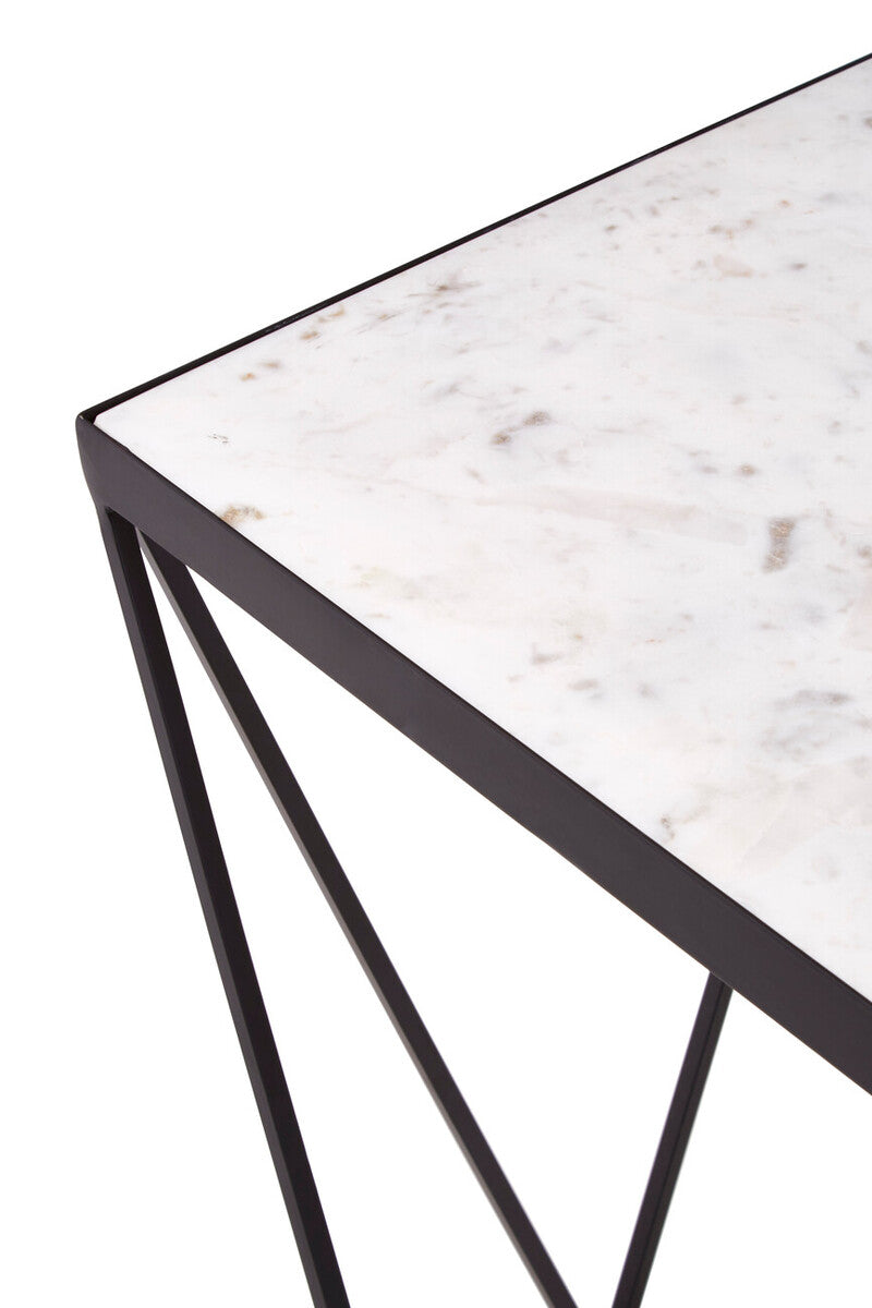 White Marble Top Square Side Table with Black Finish Metal Base, Shalimar
