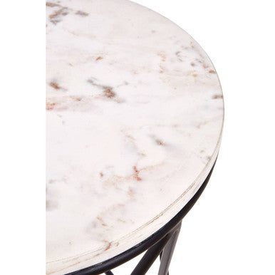White Marble Top Square Side Table with Black Cross Design Finish Metal Base, Shalimar