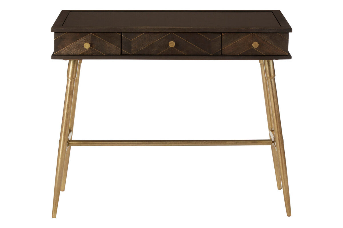Brown Mango Wood Console Table with 3 Drawers and Antique Brass Finish Iron Legs, Sagor