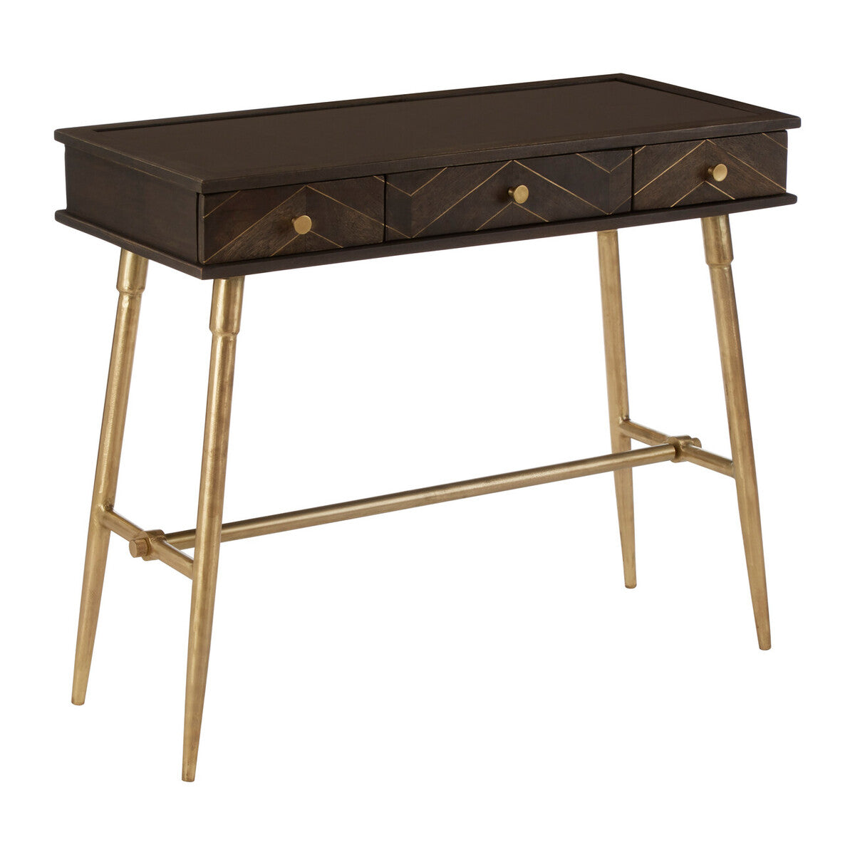 Brown Mango Wood Console Table with 3 Drawers and Antique Brass Finish Iron Legs, Sagor