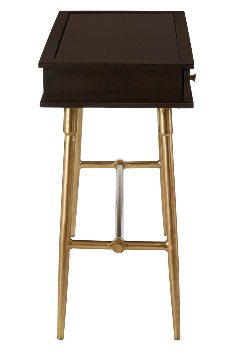Brown Mango Wood Console Table with 3 Drawers and Antique Brass Finish Iron Legs, Sagor
