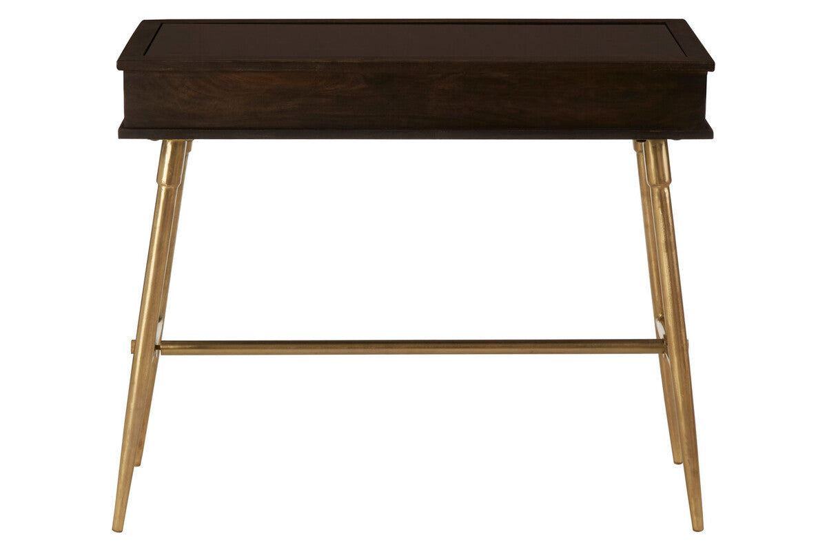 Brown Mango Wood Console Table with 3 Drawers and Antique Brass Finish Iron Legs, Sagor