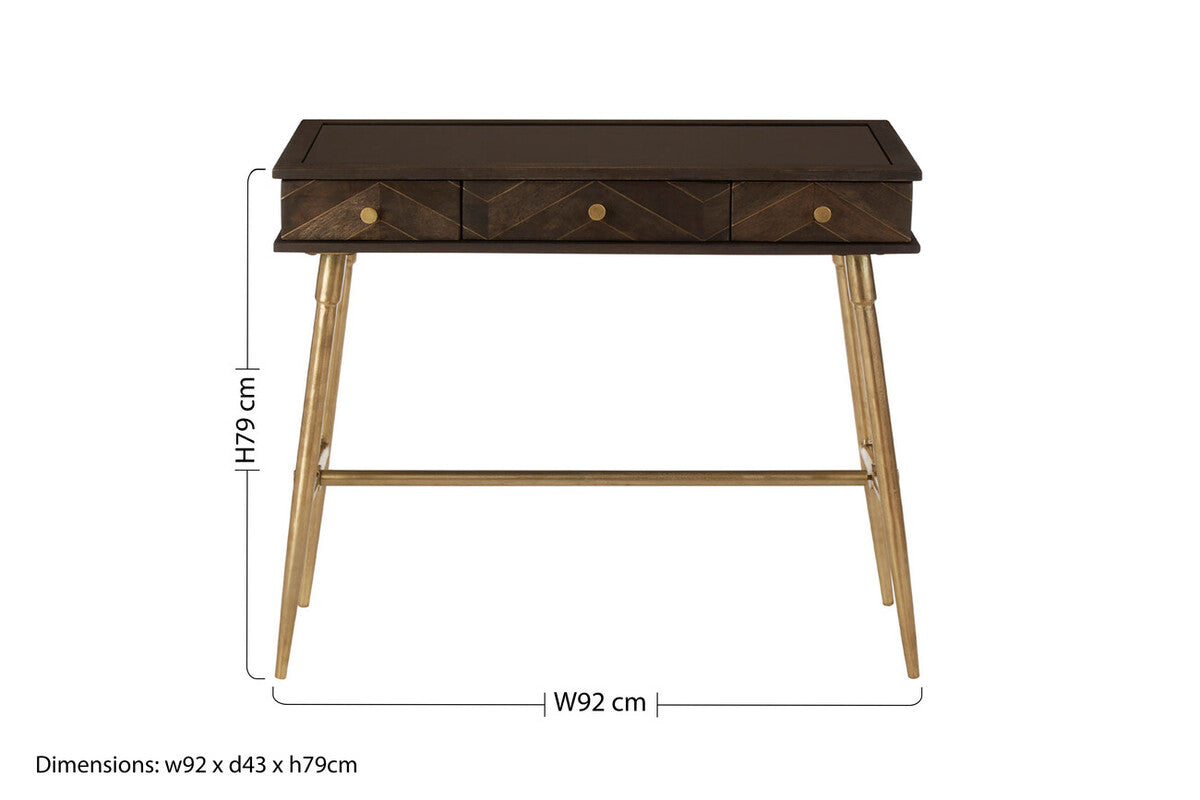 Brown Mango Wood Console Table with 3 Drawers and Antique Brass Finish Iron Legs, Sagor