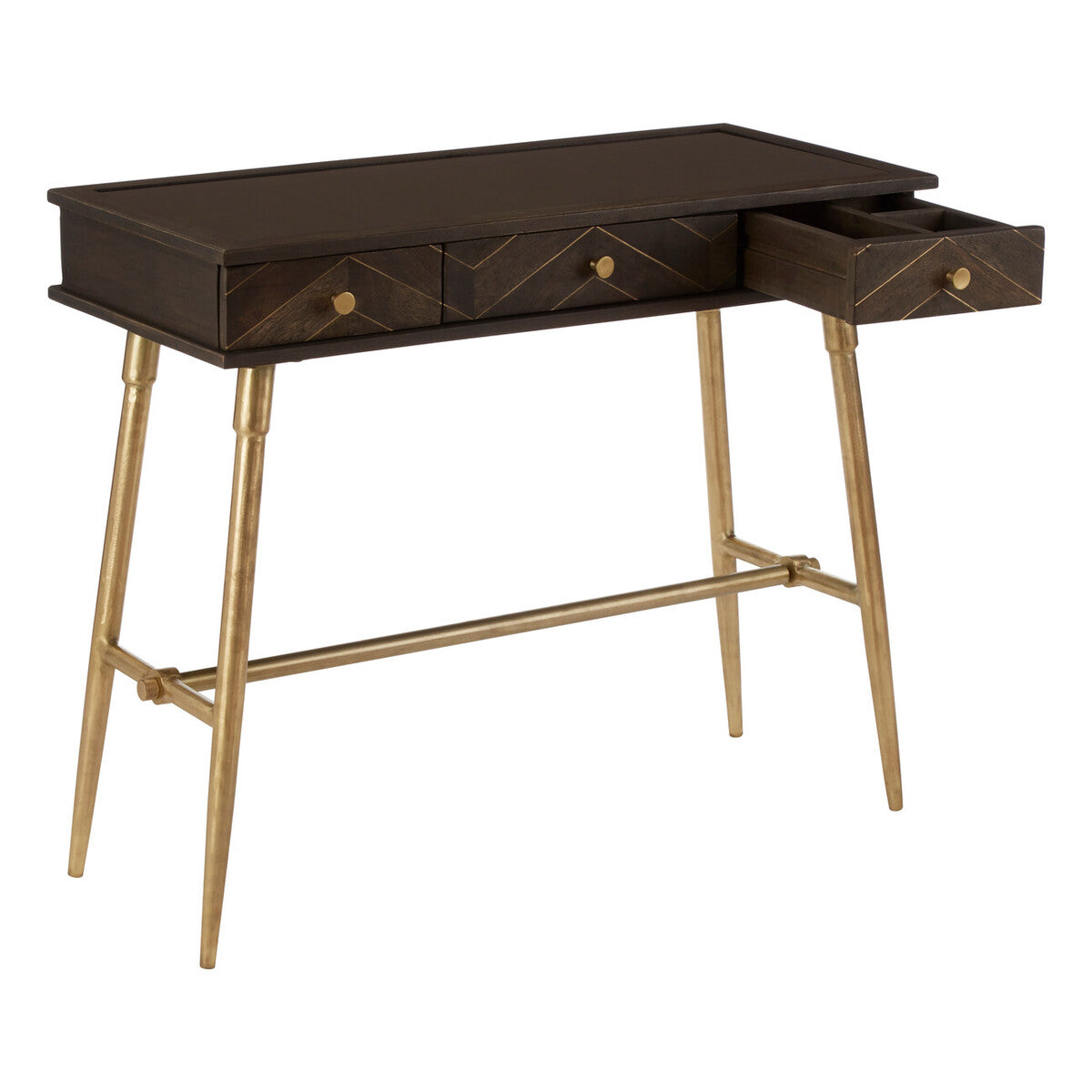 Brown Mango Wood Console Table with 3 Drawers and Antique Brass Finish Iron Legs, Sagor