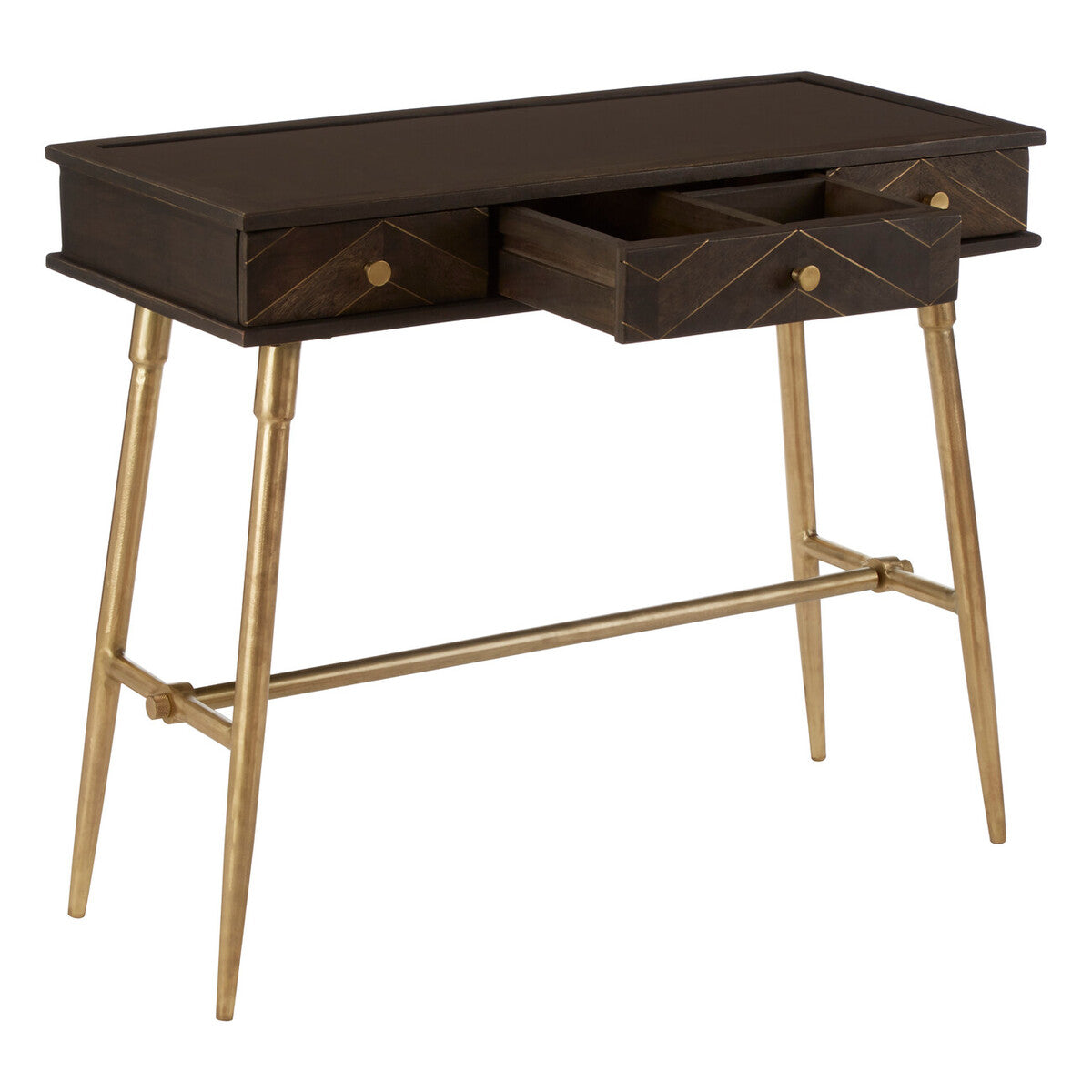 Brown Mango Wood Console Table with 3 Drawers and Antique Brass Finish Iron Legs, Sagor