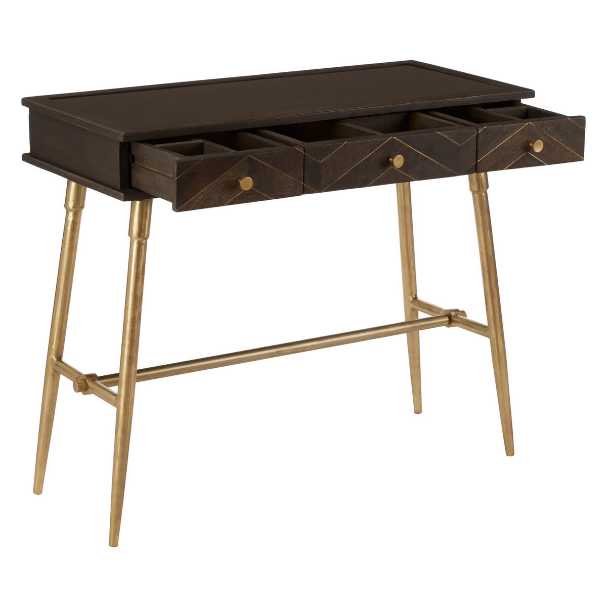 Brown Mango Wood Console Table with 3 Drawers and Antique Brass Finish Iron Legs, Sagor