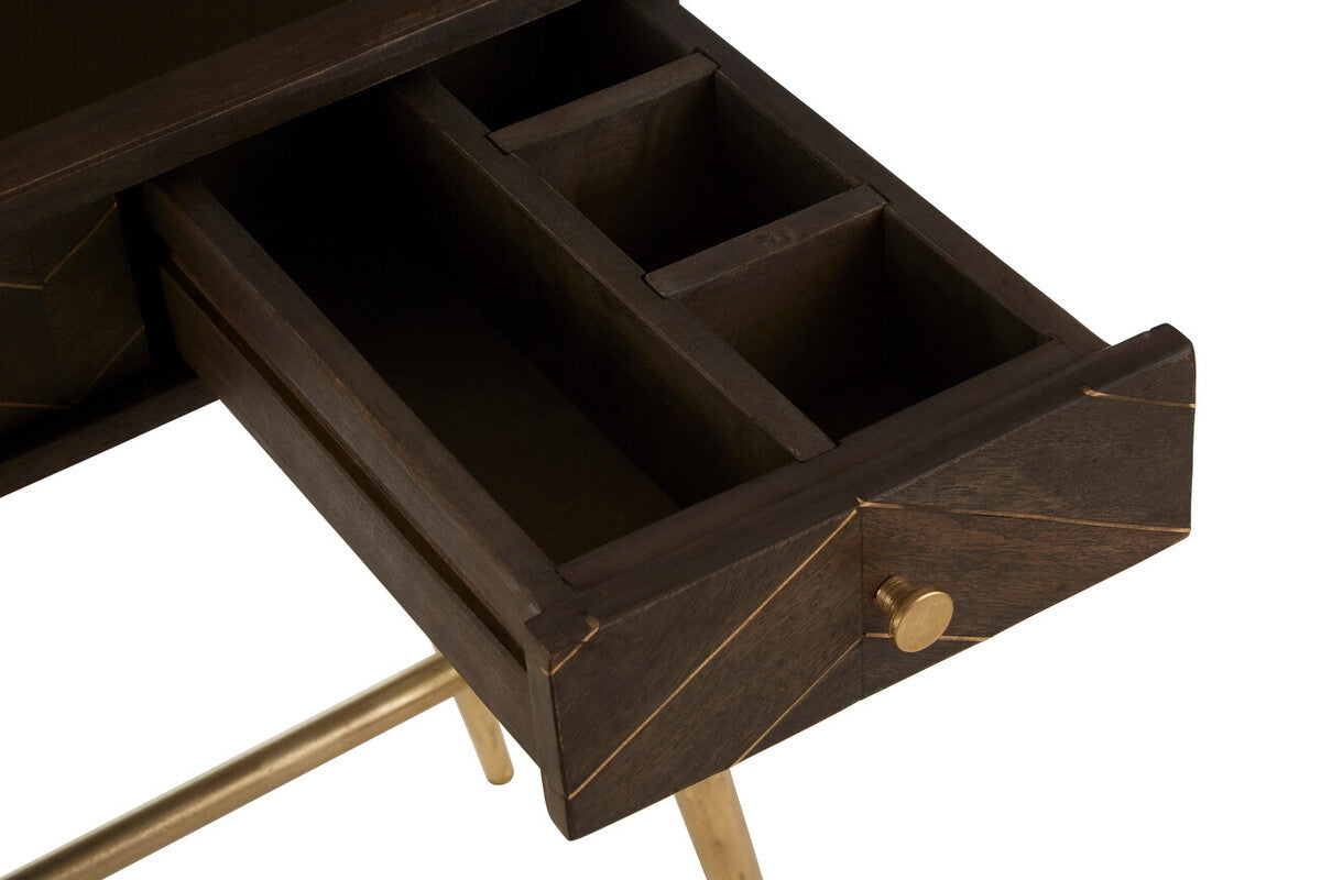 Brown Mango Wood Console Table with 3 Drawers and Antique Brass Finish Iron Legs, Sagor