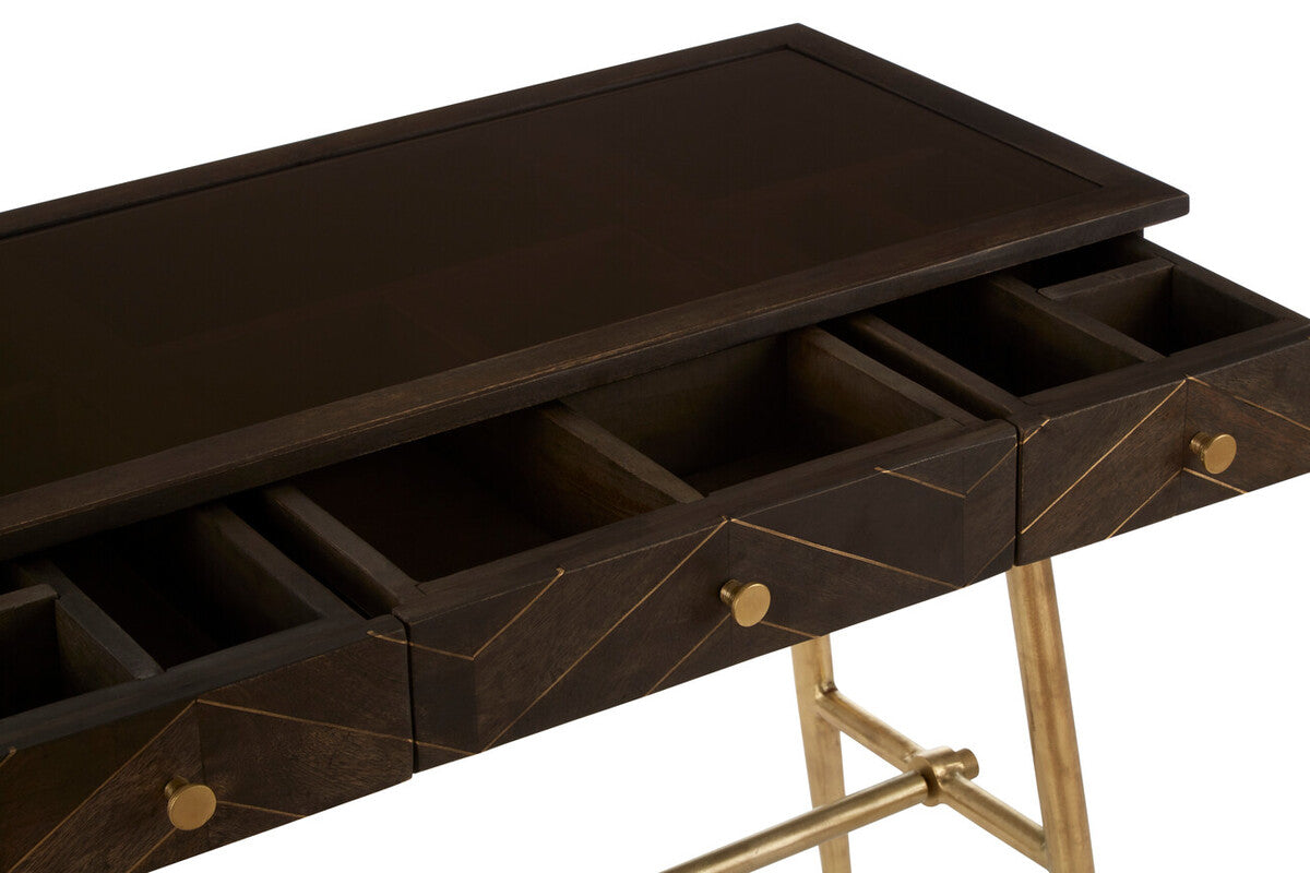 Brown Mango Wood Console Table with 3 Drawers and Antique Brass Finish Iron Legs, Sagor