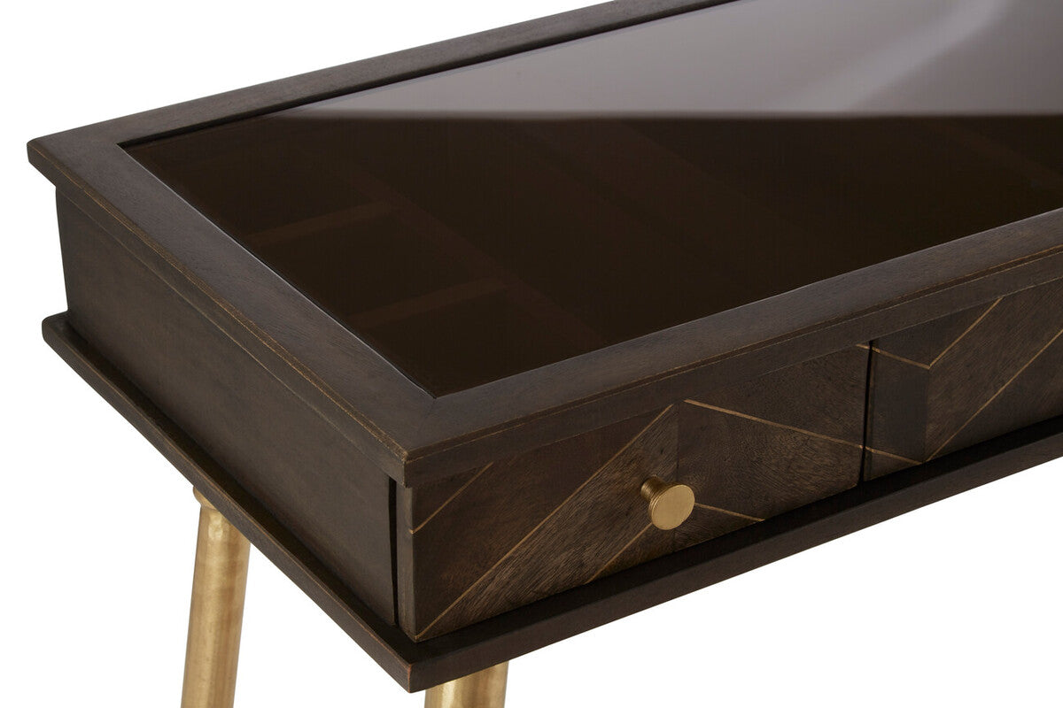 Brown Mango Wood Console Table with 3 Drawers and Antique Brass Finish Iron Legs, Sagor