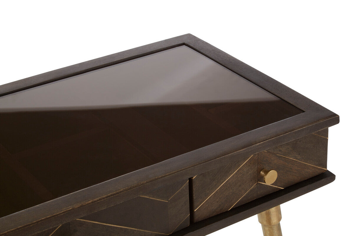 Brown Mango Wood Console Table with 3 Drawers and Antique Brass Finish Iron Legs, Sagor