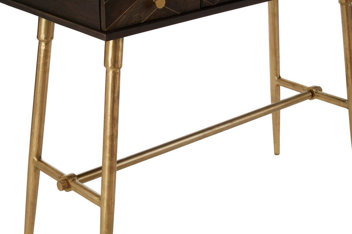 Brown Mango Wood Console Table with 3 Drawers and Antique Brass Finish Iron Legs, Sagor