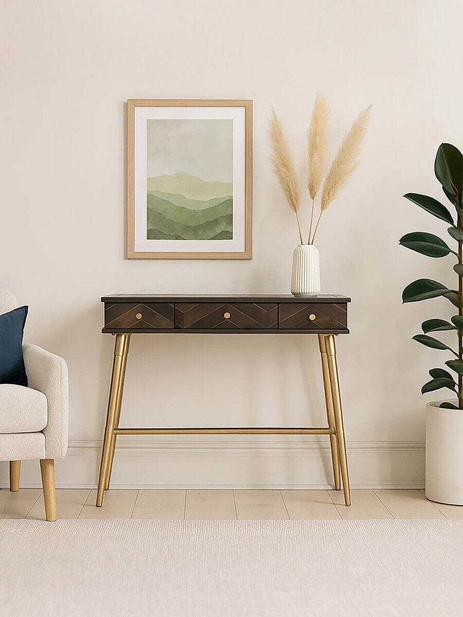 Brown Mango Wood Console Table with 3 Drawers and Antique Brass Finish Iron Legs, Sagor