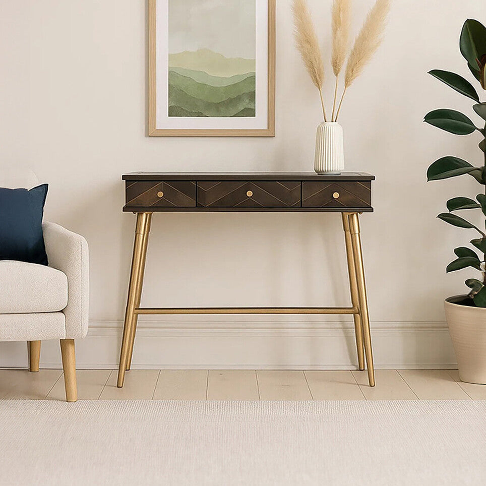 Brown Mango Wood Console Table with 3 Drawers and Antique Brass Finish Iron Legs, Sagor