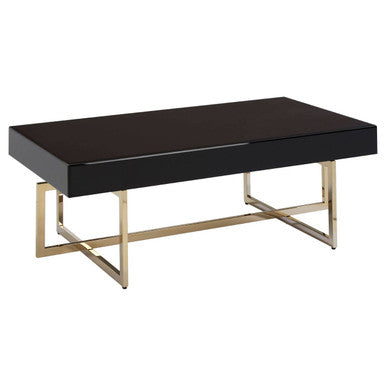 Black Mirrored Top Coffee Table with Gold Finish Stainless Steel Frame, Ragusa