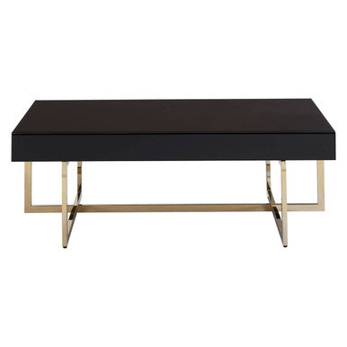 Black Mirrored Top Coffee Table with Gold Finish Stainless Steel Frame, Ragusa