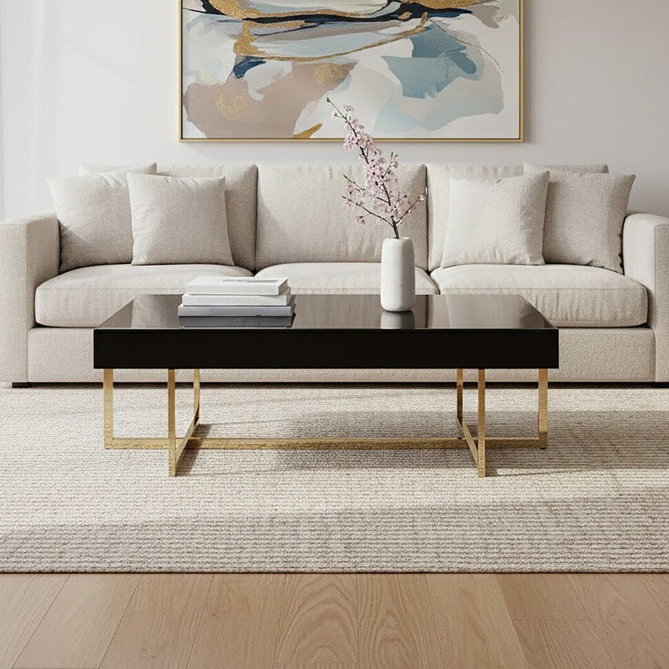 Black Mirrored Top Coffee Table with Gold Finish Stainless Steel Frame, Ragusa
