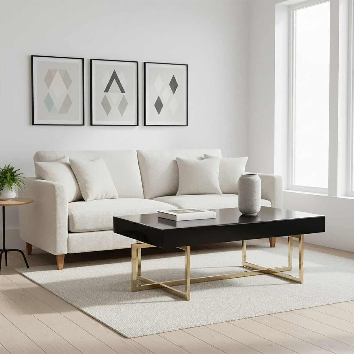 Black Mirrored Top Coffee Table with Gold Finish Stainless Steel Frame, Ragusa