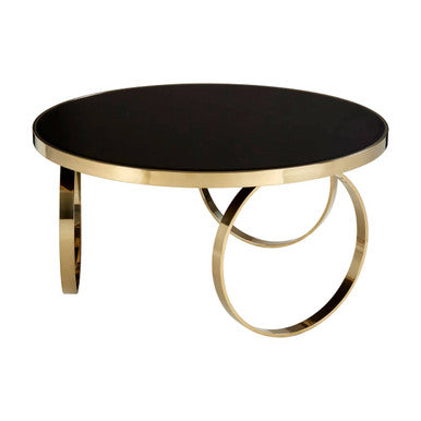 Large Round Mirrored Black Top Coffee Table with Gold Finish Stainless Steel Ring Base, Ragusa