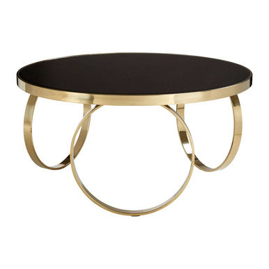 Large Round Mirrored Black Top Coffee Table with Gold Finish Stainless Steel Ring Base, Ragusa