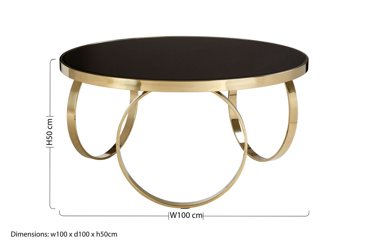 Large Round Mirrored Black Top Coffee Table with Gold Finish Stainless Steel Ring Base, Ragusa