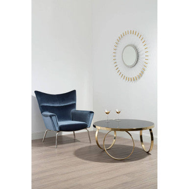 Large Round Mirrored Black Top Coffee Table with Gold Finish Stainless Steel Ring Base, Ragusa