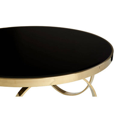 Large Round Mirrored Black Top Coffee Table with Gold Finish Stainless Steel Ring Base, Ragusa
