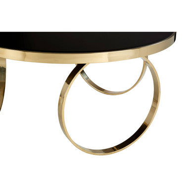 Large Round Mirrored Black Top Coffee Table with Gold Finish Stainless Steel Ring Base, Ragusa