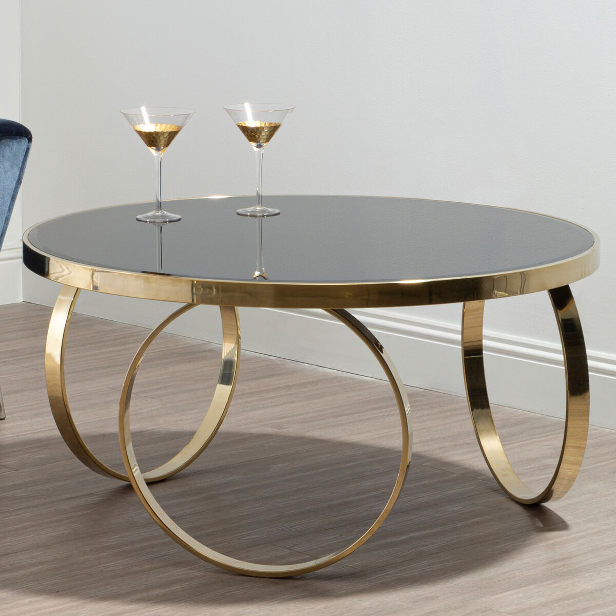 Large Round Mirrored Black Top Coffee Table with Gold Finish Stainless Steel Ring Base, Ragusa