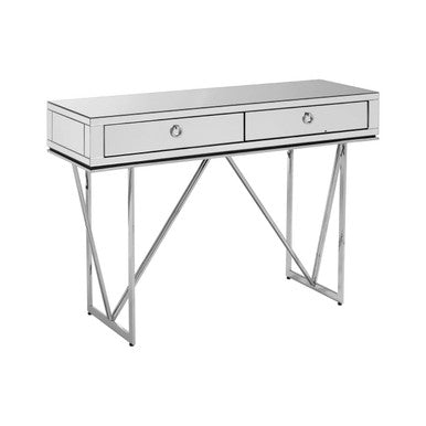 Silver Finish Mirrored Console Table with Ring Handles and Two Storage Drawers, Rovo