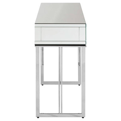 Silver Finish Mirrored Console Table with Ring Handles and Two Storage Drawers, Rovo