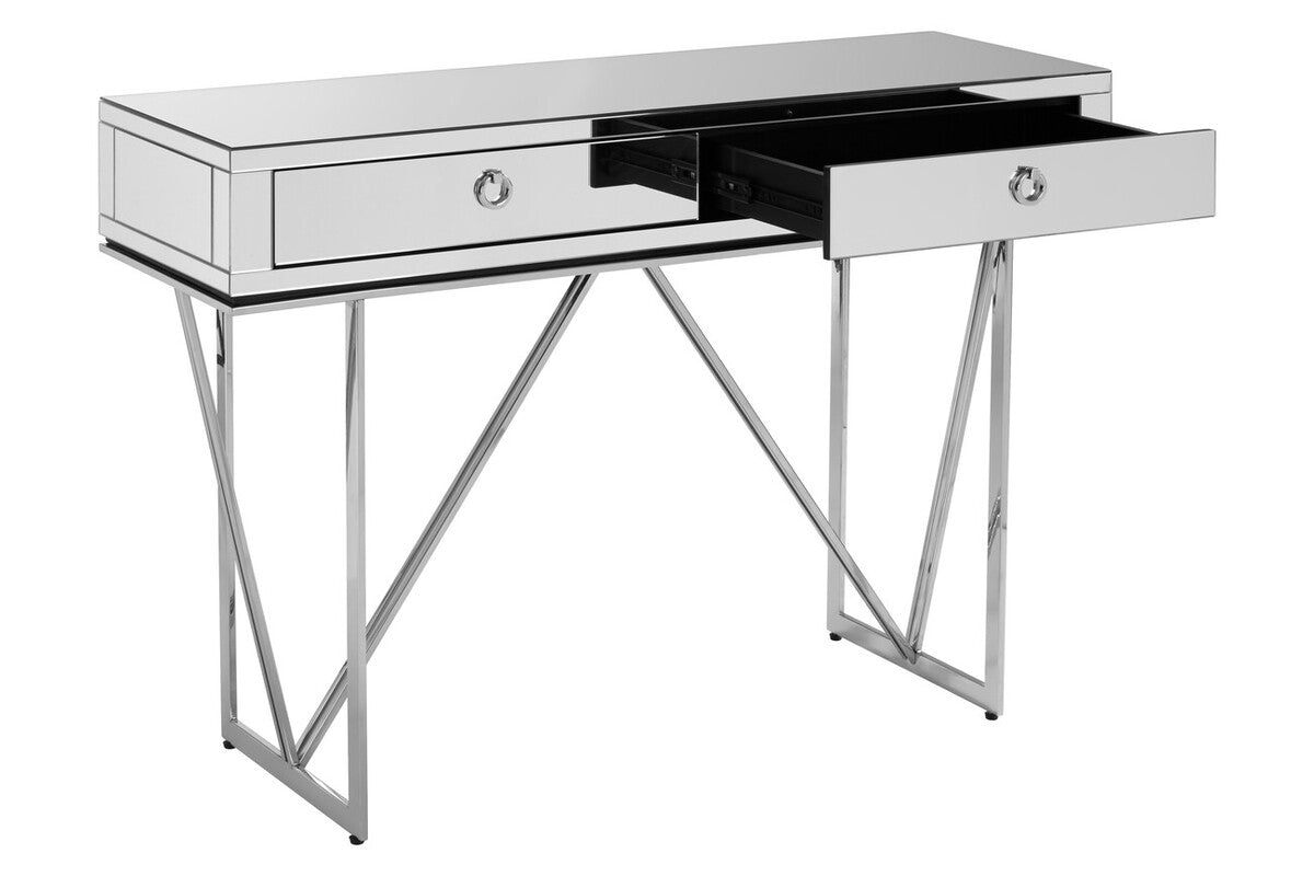 Silver Finish Mirrored Console Table with Ring Handles and Two Storage Drawers, Rovo