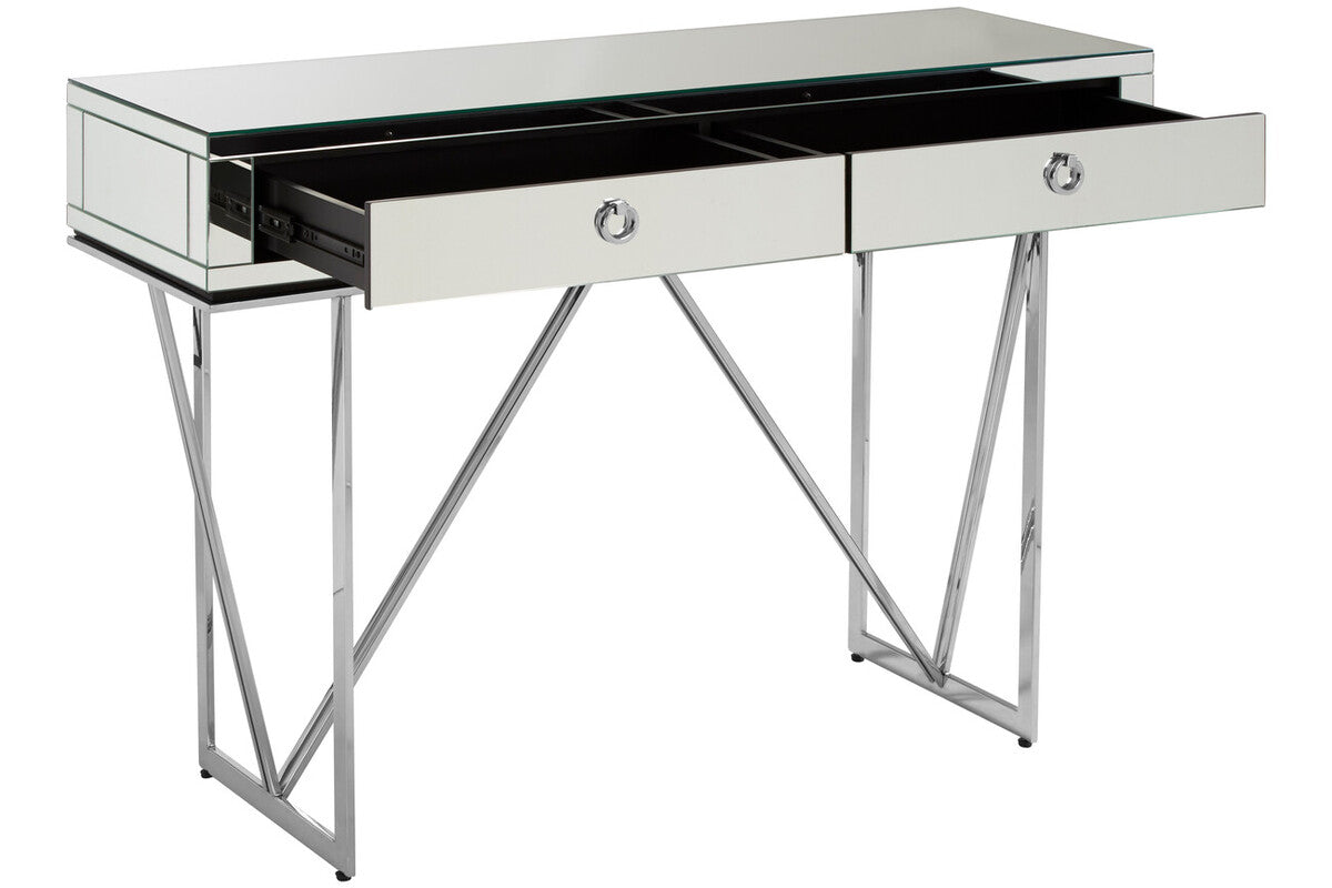 Silver Finish Mirrored Console Table with Ring Handles and Two Storage Drawers, Rovo