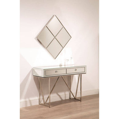 Silver Finish Mirrored Console Table with Ring Handles and Two Storage Drawers, Rovo
