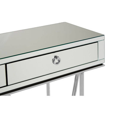 Silver Finish Mirrored Console Table with Ring Handles and Two Storage Drawers, Rovo