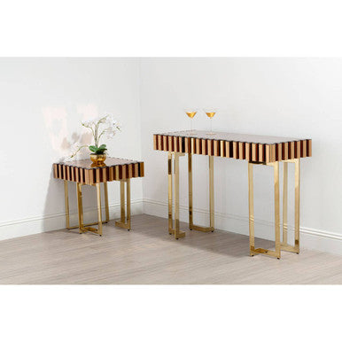 Gold Mirrored Top Console Table with 1 Storage Drawer and Gold Polished Stainless Steel Frame, Rivoli