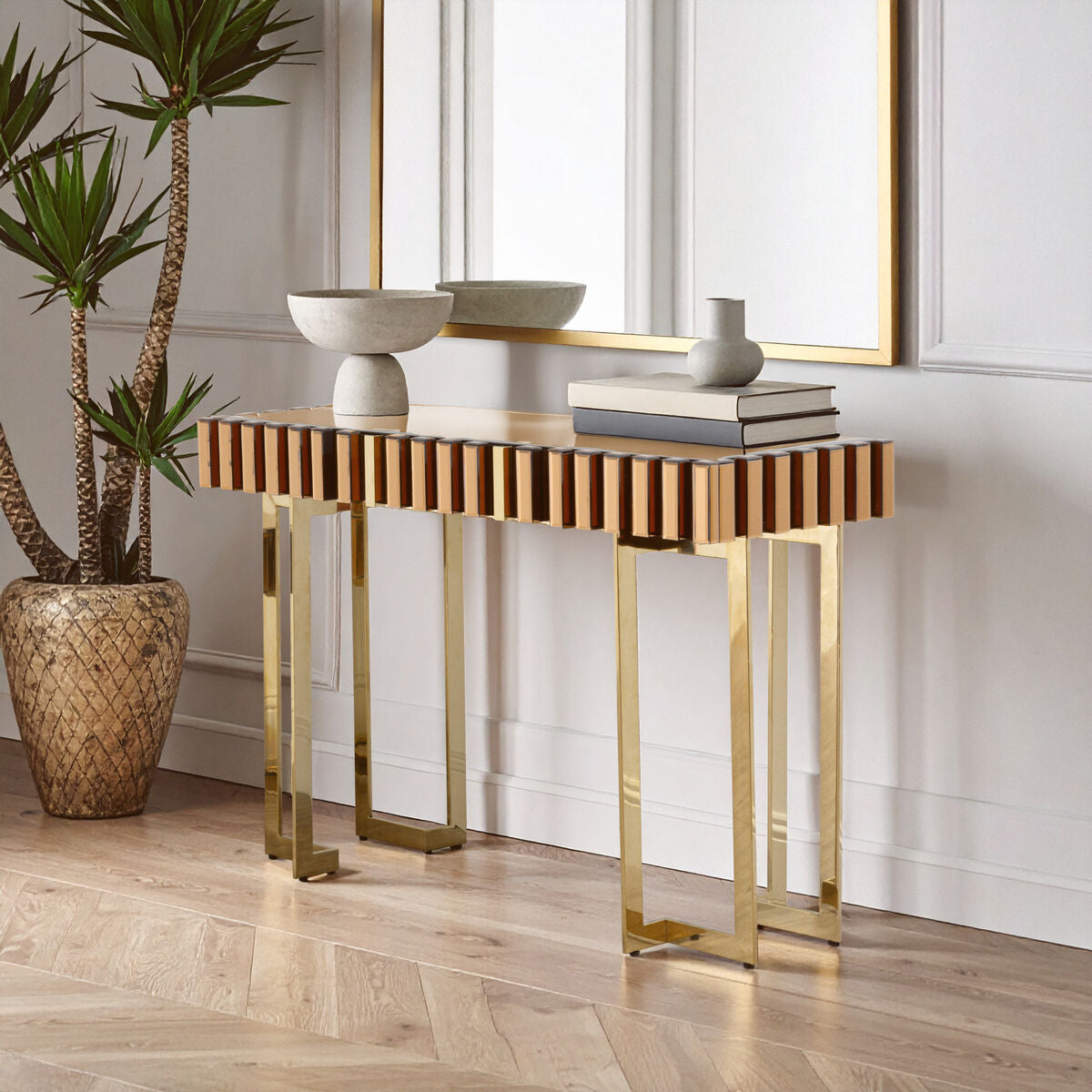 Gold Mirrored Top Console Table with 1 Storage Drawer and Gold Polished Stainless Steel Frame, Rivoli