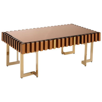 Mirrored Glass Top Coffee Table with Corrugated Sides and Gold Finish Frame, Rivoli