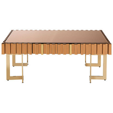 Mirrored Glass Top Coffee Table with Corrugated Sides and Gold Finish Frame, Rivoli